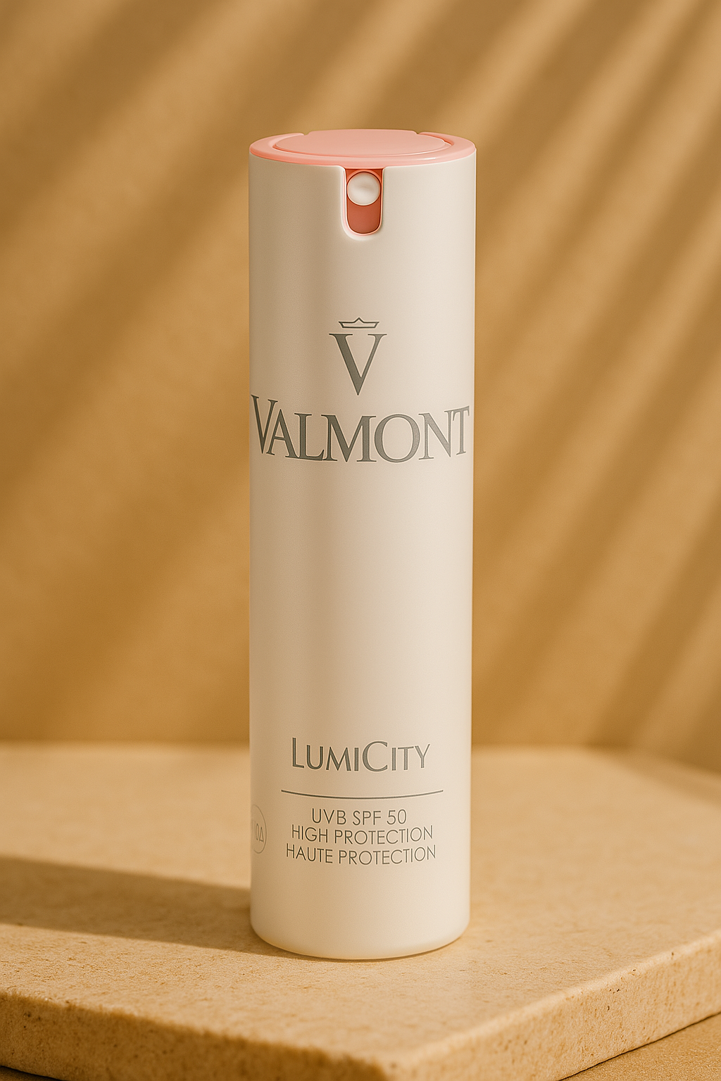 Minimalist bottle of Valmont LumiCity sunscreen with a soft beige tone and subtle pink dispenser, labeled UVB SPF 50 High Protection, placed on a textured stone surface with warm lighting.