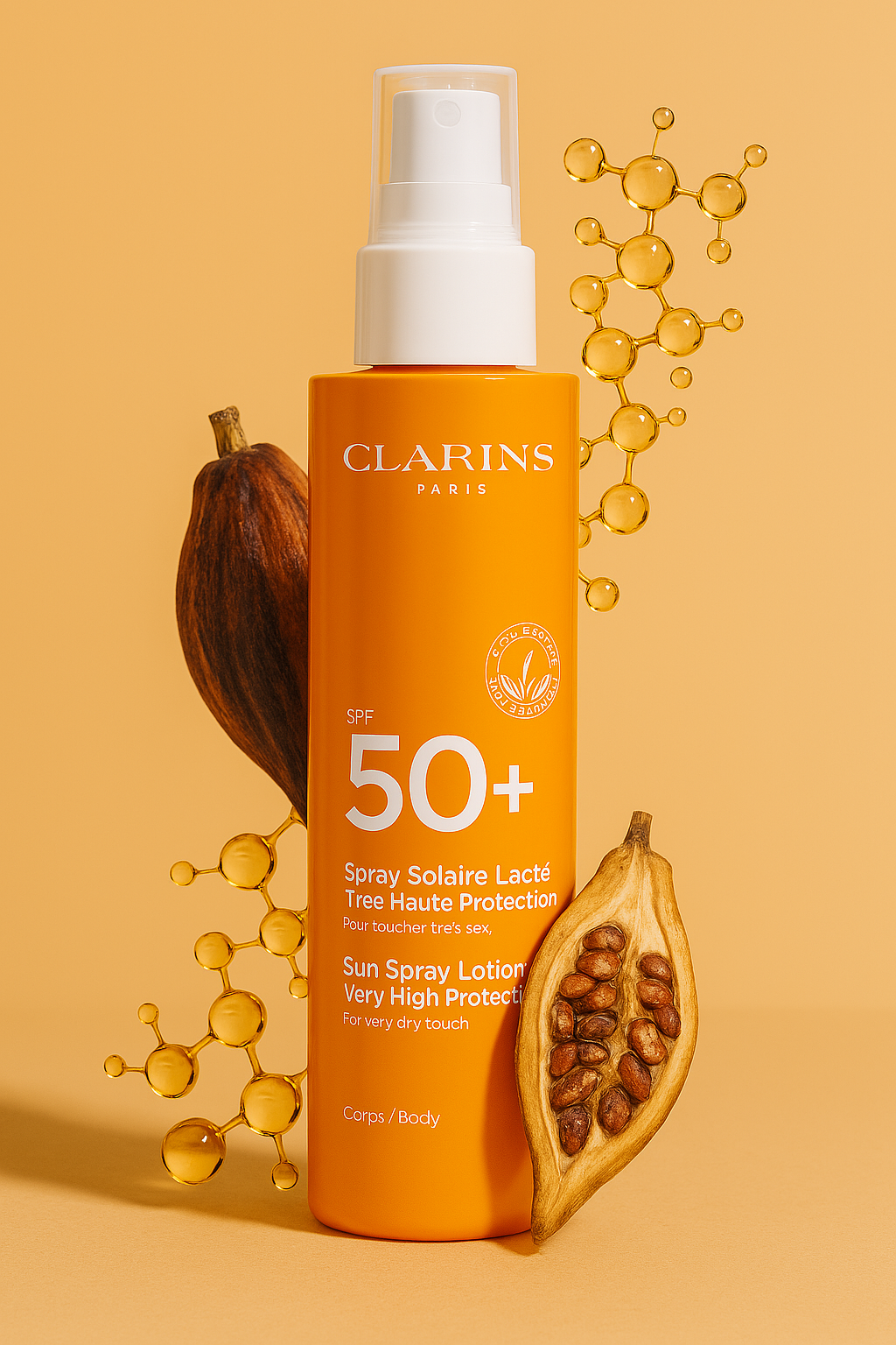 Bright orange bottle of Clarins Paris SPF 50+ Sun Spray Lotion for very dry skin, surrounded by cocoa pods and molecular structures, suggesting nourishing and high-protection skincare.