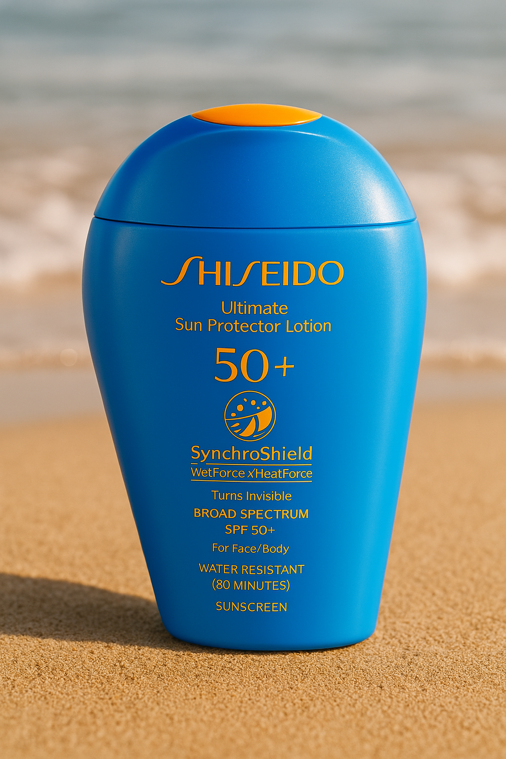 Blue and orange bottle of Shiseido Ultimate Sun Protector Lotion with SPF 50+ on a sandy beach, highlighting its water resistance, face/body use, and SynchroShield technology combining WetForce and HeatForce.