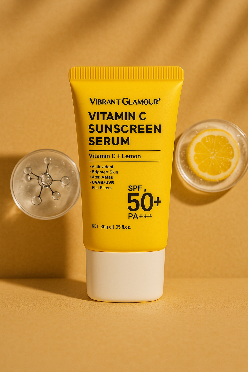Bright yellow tube of Vibrant Glamour Vitamin C Sunscreen Serum with SPF 50+ PA+++, infused with Vitamin C and lemon, placed on a warm beige surface with lemon slices and molecular visuals symbolizing best skincare for oily skin benefits