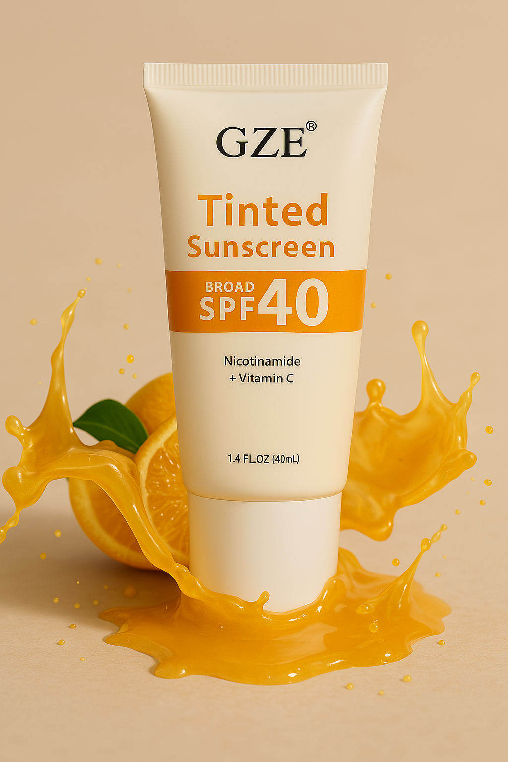 GZE Tinted Sunscreen tube with SPF 40 placed in front of splashing orange liquid and orange slices, highlighting ingredients Nicotinamide and Vitamin C, in a vibrant skincare product display.