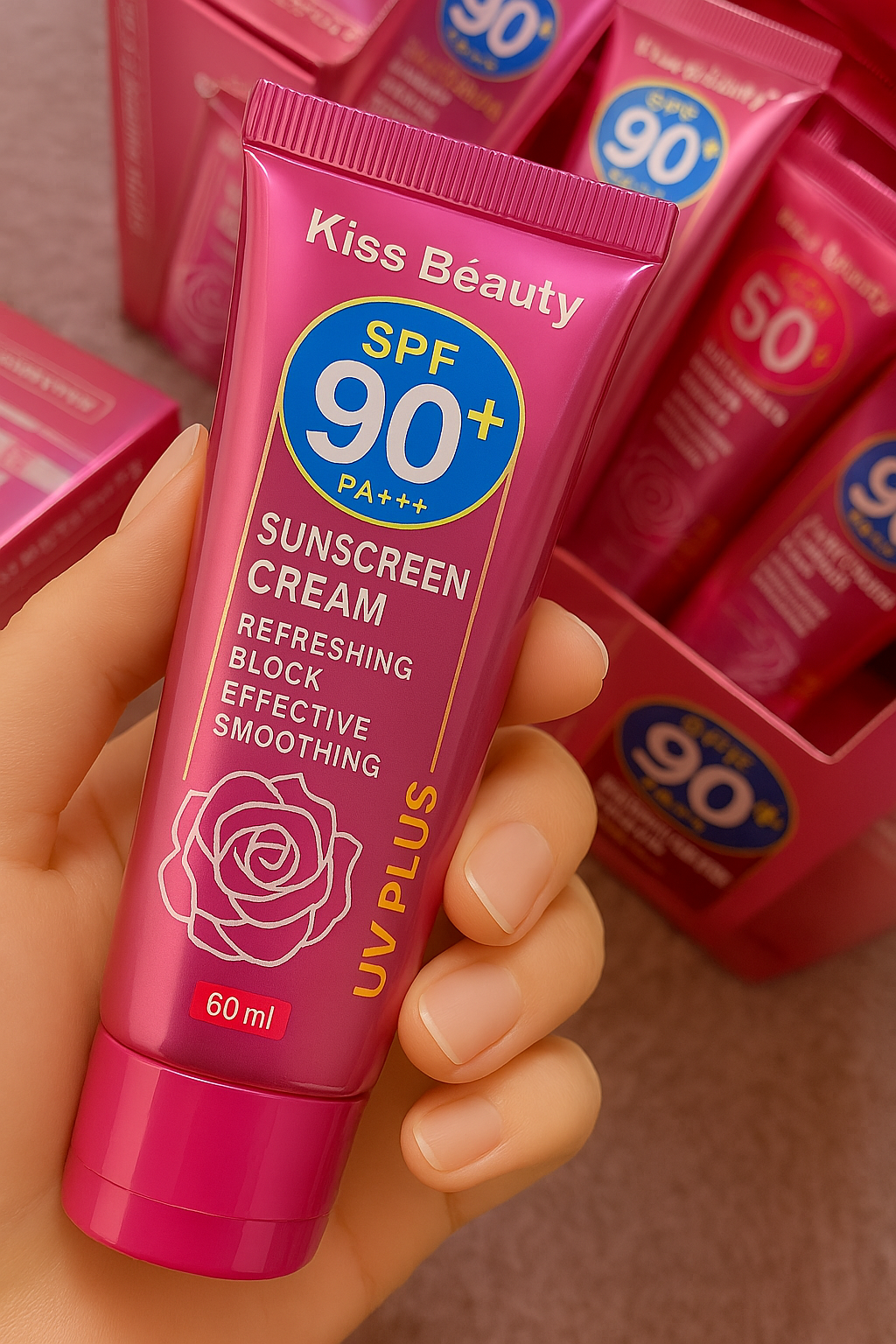 Close-up of a hand holding a pink tube of Kiss Beauty Sunscreen Cream with SPF 90+ PA+++, labeled as refreshing, effective, and smoothing, with a rose icon and 60 ml volume.