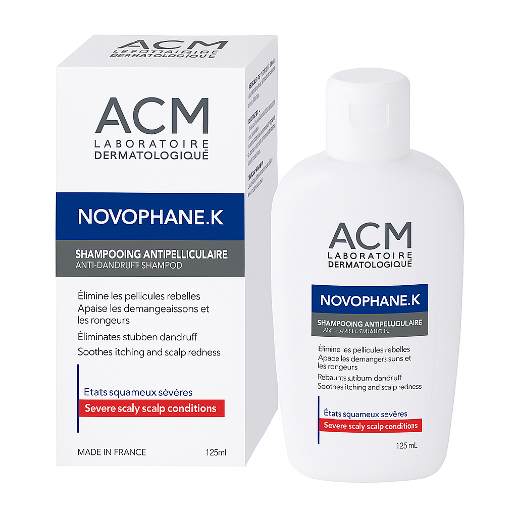 ACM Novophane.K anti dandruff shampoo for severe scaly scalp conditions, a dermatologist-recommended best anti dandruff shampoo.