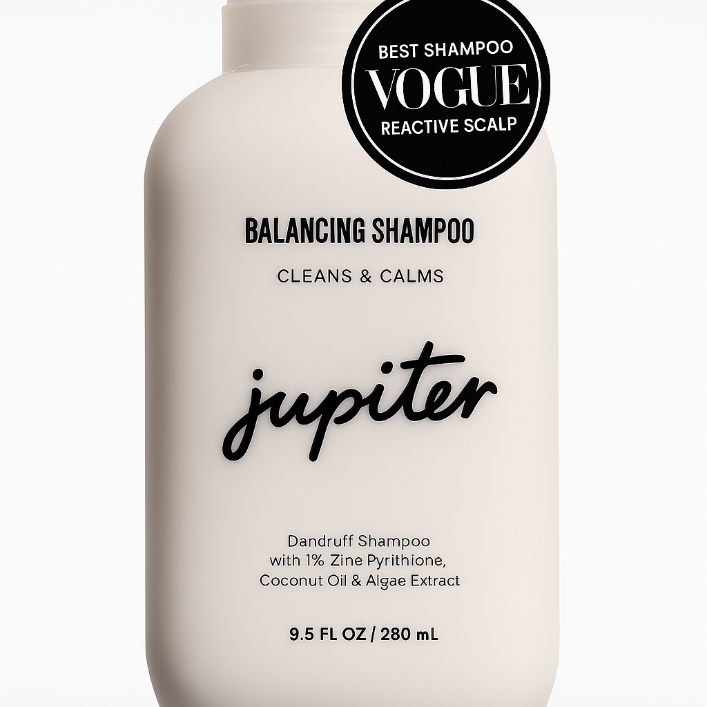 Jupiter anti dandruff shampoo with zinc pyrithione and coconut oil, labeled best anti dandruff shampoo for reactive scalps by Vogue.
