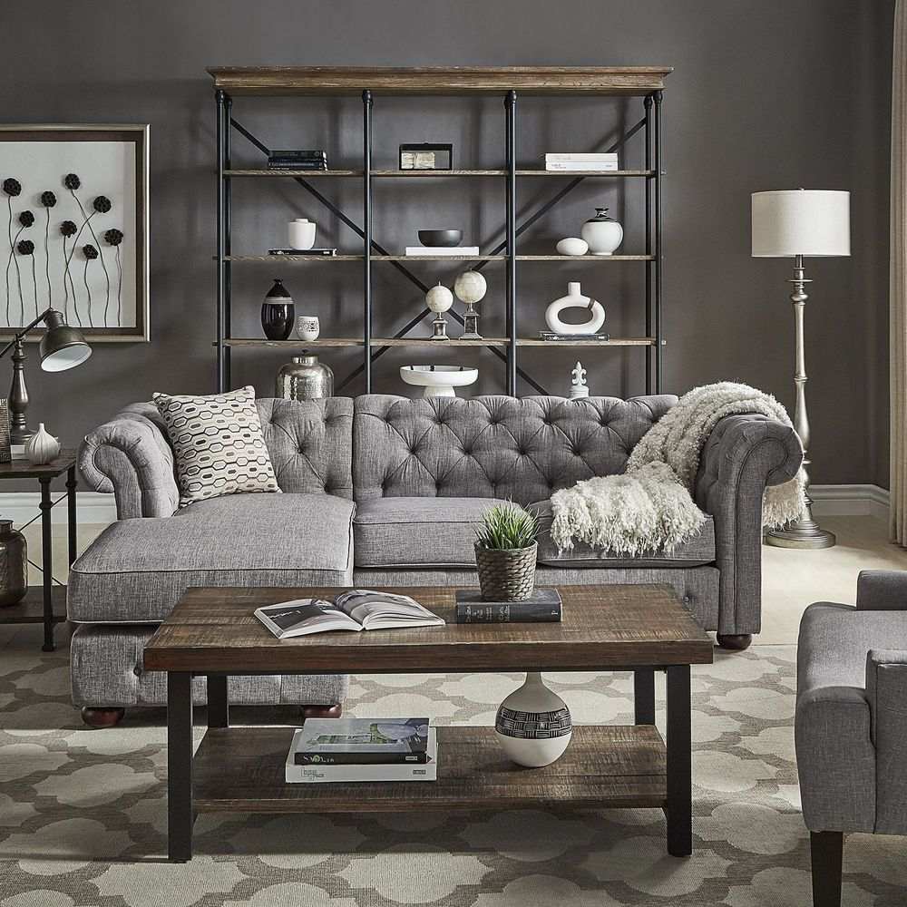 Tufted Scroll Arm Chesterfield 3-Seat Corner Chaise Sofa – Grey