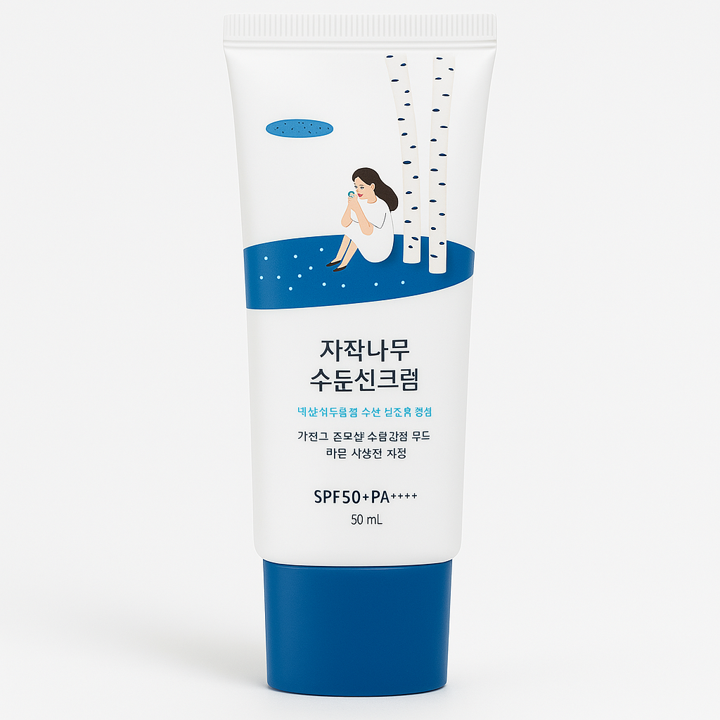 A lightweight Korean sunscreen for oily skin featuring a cute illustrated design, suitable for both men and women with sensitive skin.