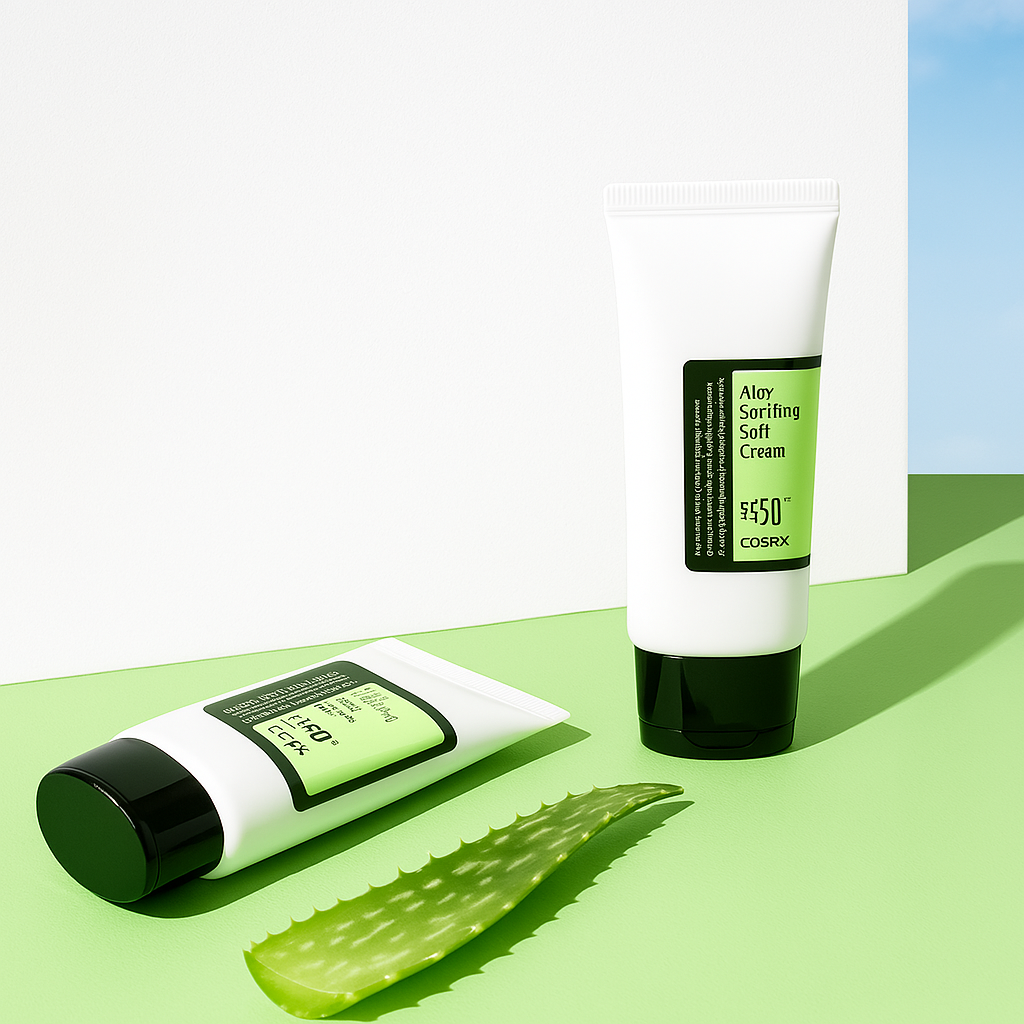 A highly rated COSRX sunscreen that blends aloe for soothing sensitive skin, making it the best Korean sunscreen for sensitive skin and daily face use.