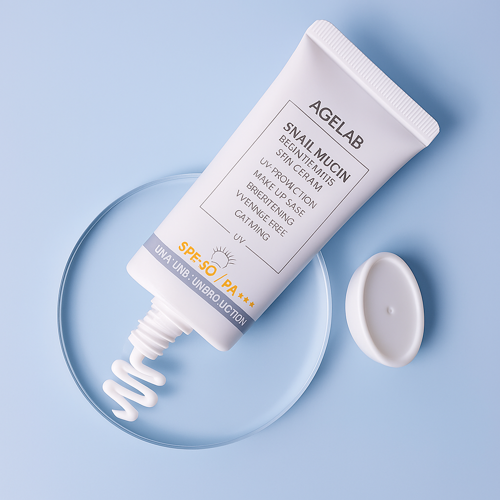 A water-based Korean sunscreen for sensitive skin and oily skin, featured in a modern ad showcasing its vegan and cruelty-free formula.