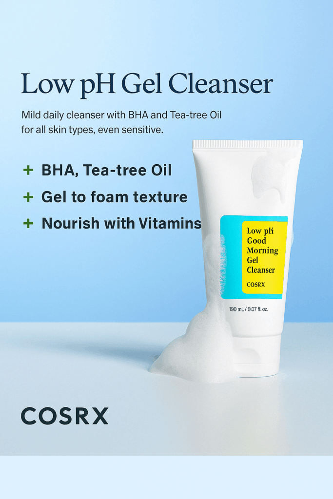 COSRX’s Low pH Good Morning Gel Cleanser, one of the best Korean skin care products for acne-prone skin, displayed in a minimalist white setting.