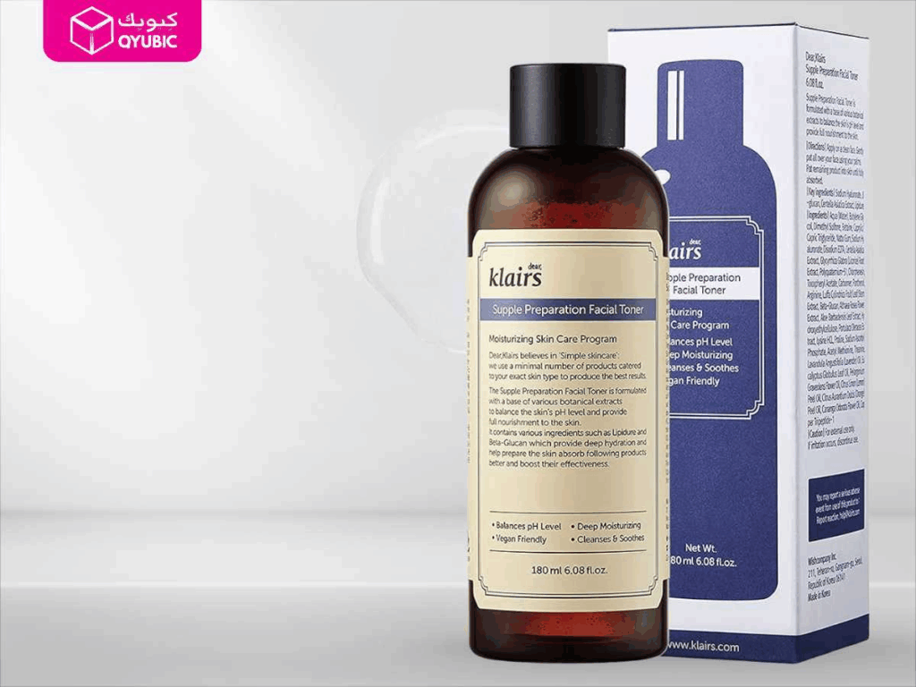Dear Klairs Supple Preparation Facial Toner with its signature blue box, a gentle and vegan Korean skin product trusted in Dubai for balancing and soothing sensitive skin.