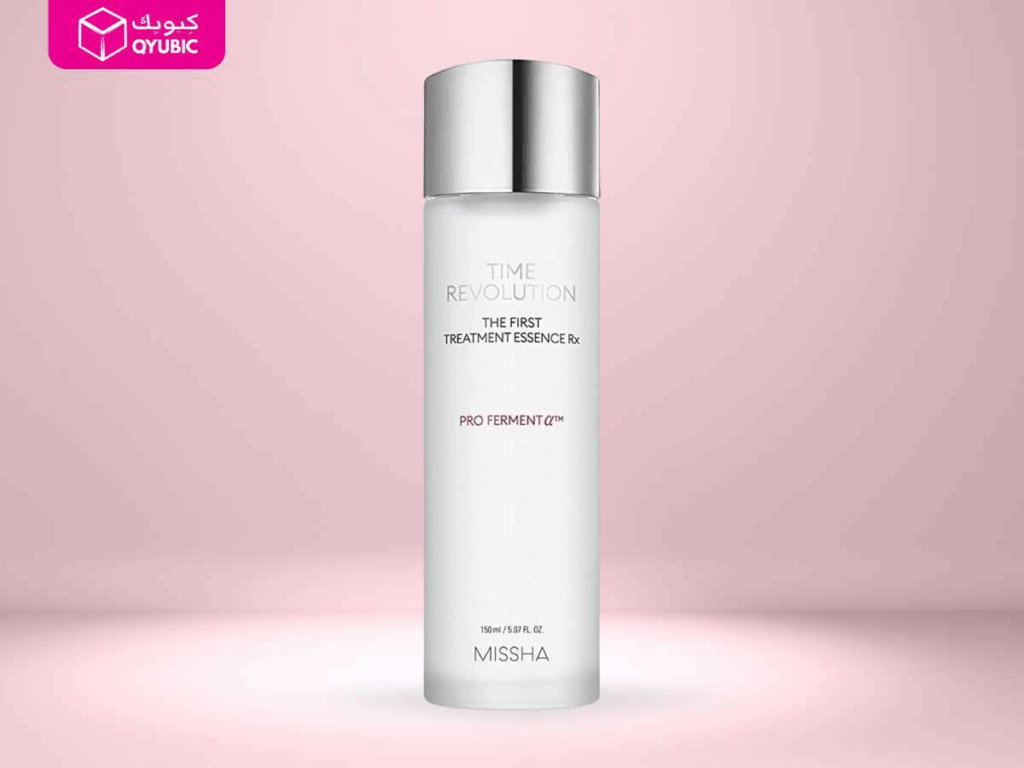 Missha’s Time Revolution Treatment Essence Rx on a pink backdrop, one of the most talked-about Korean beauty products in Dubai, praised for its anti-aging and hydration benefits.