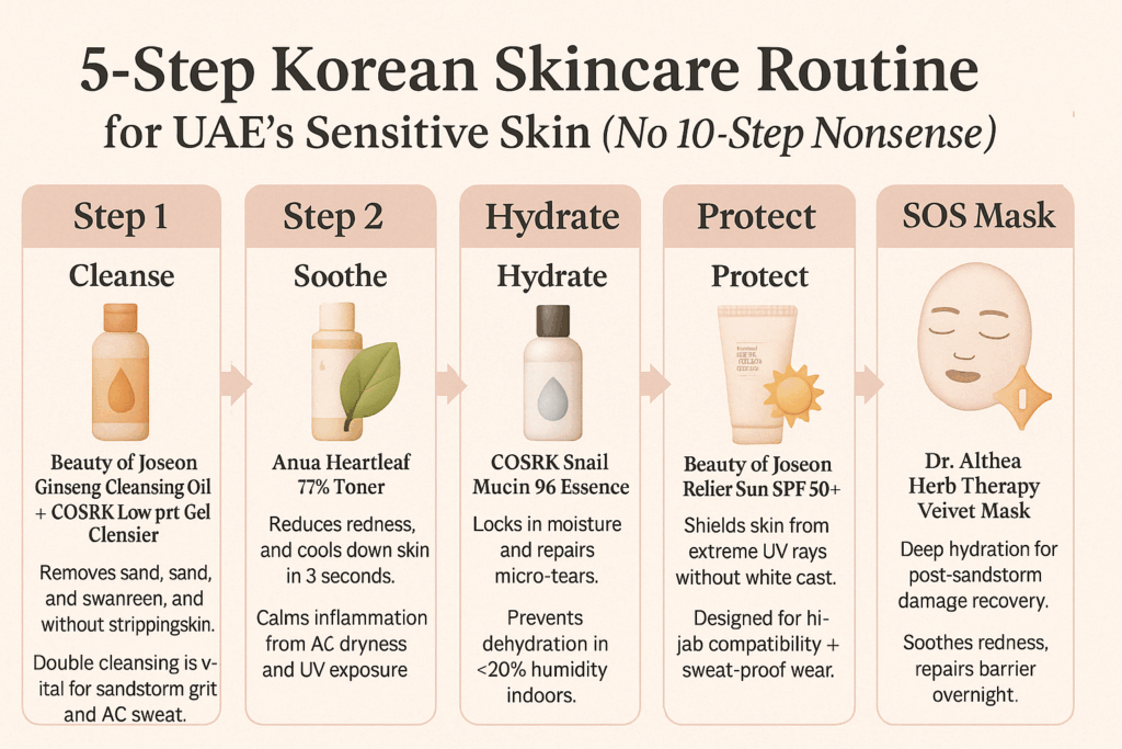 Infographic showing a simplified 5-step Korean skincare routine for UAE’s sensitive skin, featuring top Korean beauty products like Anua Heartleaf Toner, COSRX Snail Essence, and Beauty of Joseon SPF for hydration, sun protection, and sandstorm recovery.