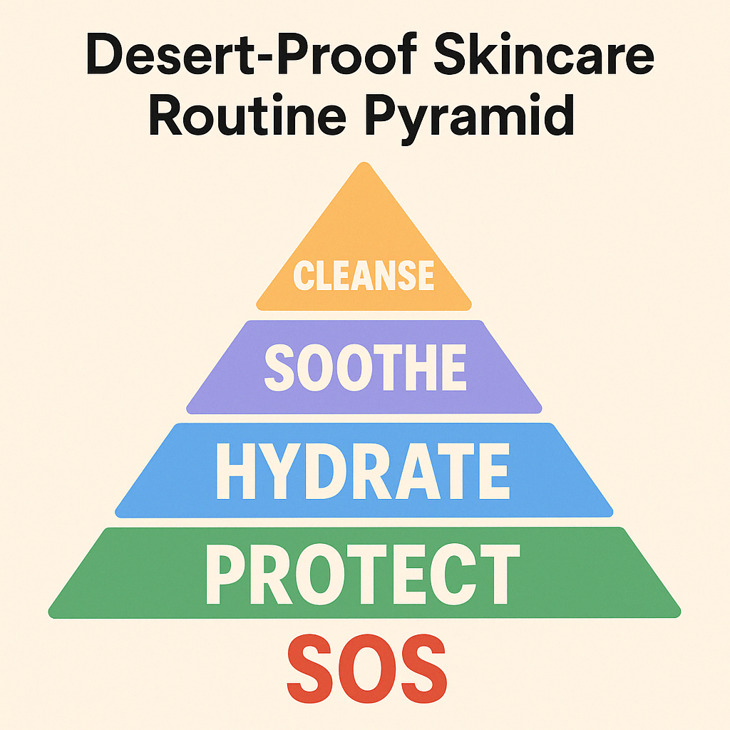 A colorful pyramid infographic titled 'Desert-Proof Skincare Routine Pyramid' with five horizontal layers labeled from top to bottom: Cleanse (orange), Soothe (purple), Hydrate (blue), Protect (green), and SOS (red). Each layer represents a step in a skincare routine designed for harsh desert climates, shown on a light beige background with bold, clear fonts.