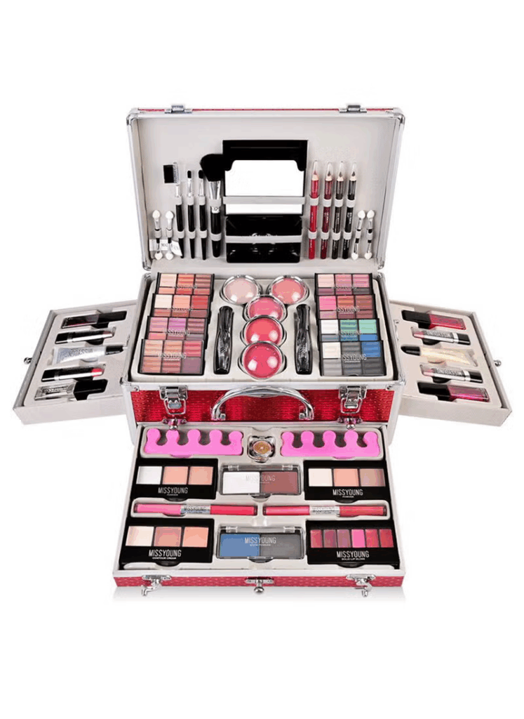 Miss Young multifunctional makeup kit with full-face products in a red vanity makeup box – includes lipsticks, blush, nail colors, and makeup brushes set.

