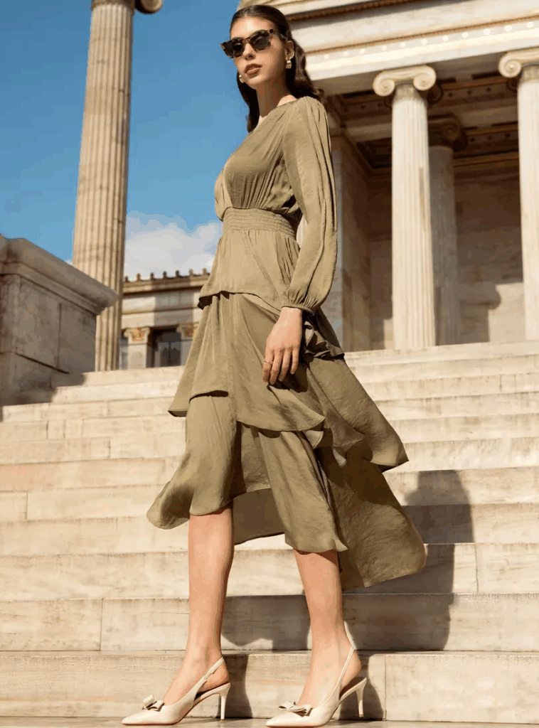  Tiered Frill Dress with V-neck