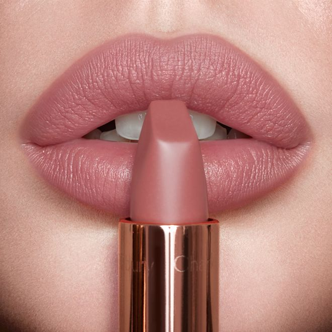 Muted rose-pink lipstick with a satin-matte texture, perfect for achieving a “your lips but better” effect. Among the most popular lipsticks for fair to medium skin tones, great for soft glam and day wear.