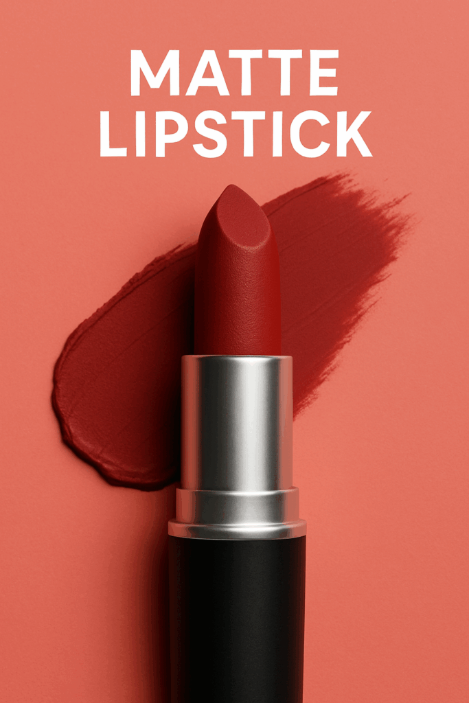  A stylized matte lipstick with clean beige packaging and velvety red pigment, highlighting a bold and timeless type of lipstick.