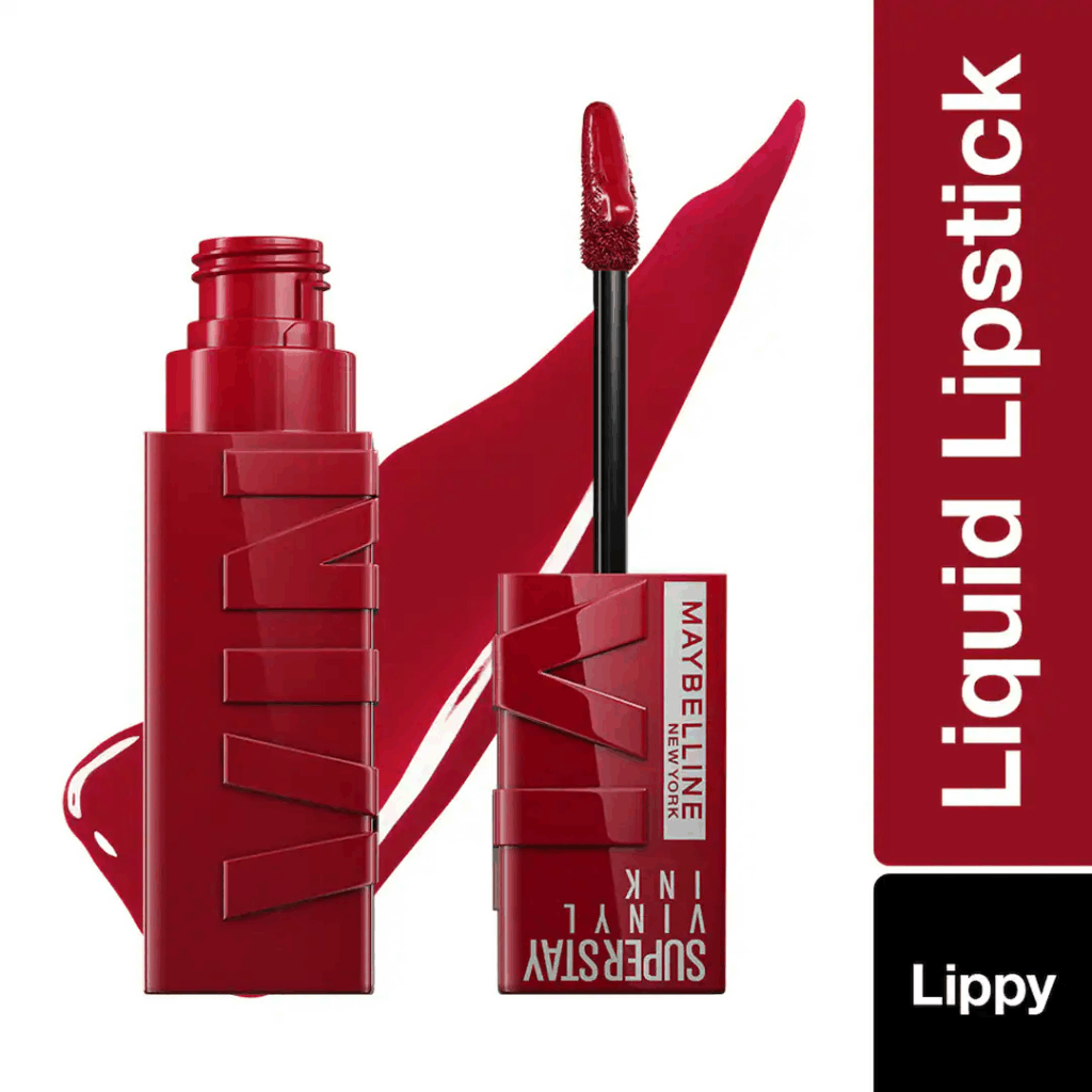 A bold, long-lasting liquid lipstick in deep red by Maybelline, known for its glossy vinyl finish—perfect for bold and stay-proof types of lipsticks.
