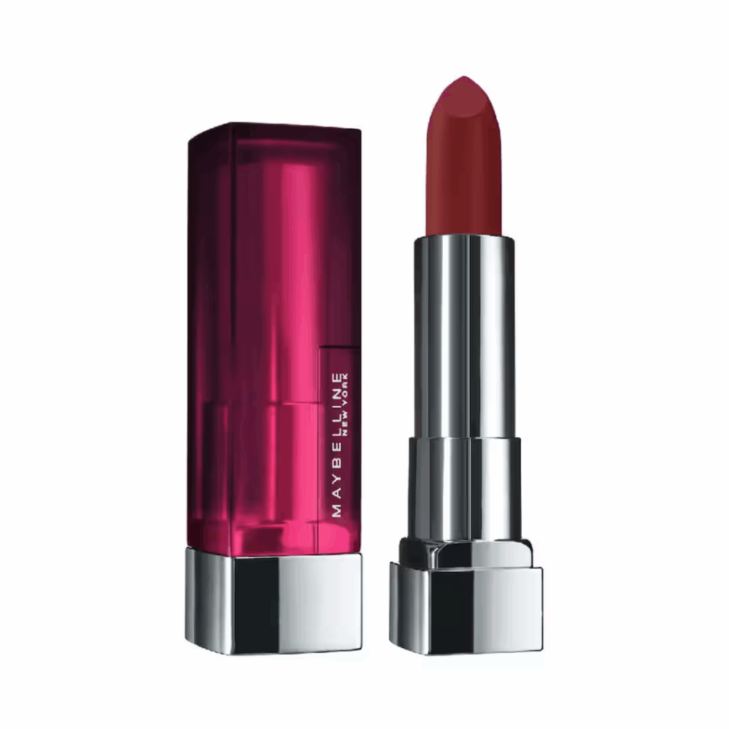  A rich red satin lipstick in sleek Maybelline packaging, combining moisture with strong pigment—one of the classic types of lipstick loved for its versatility.