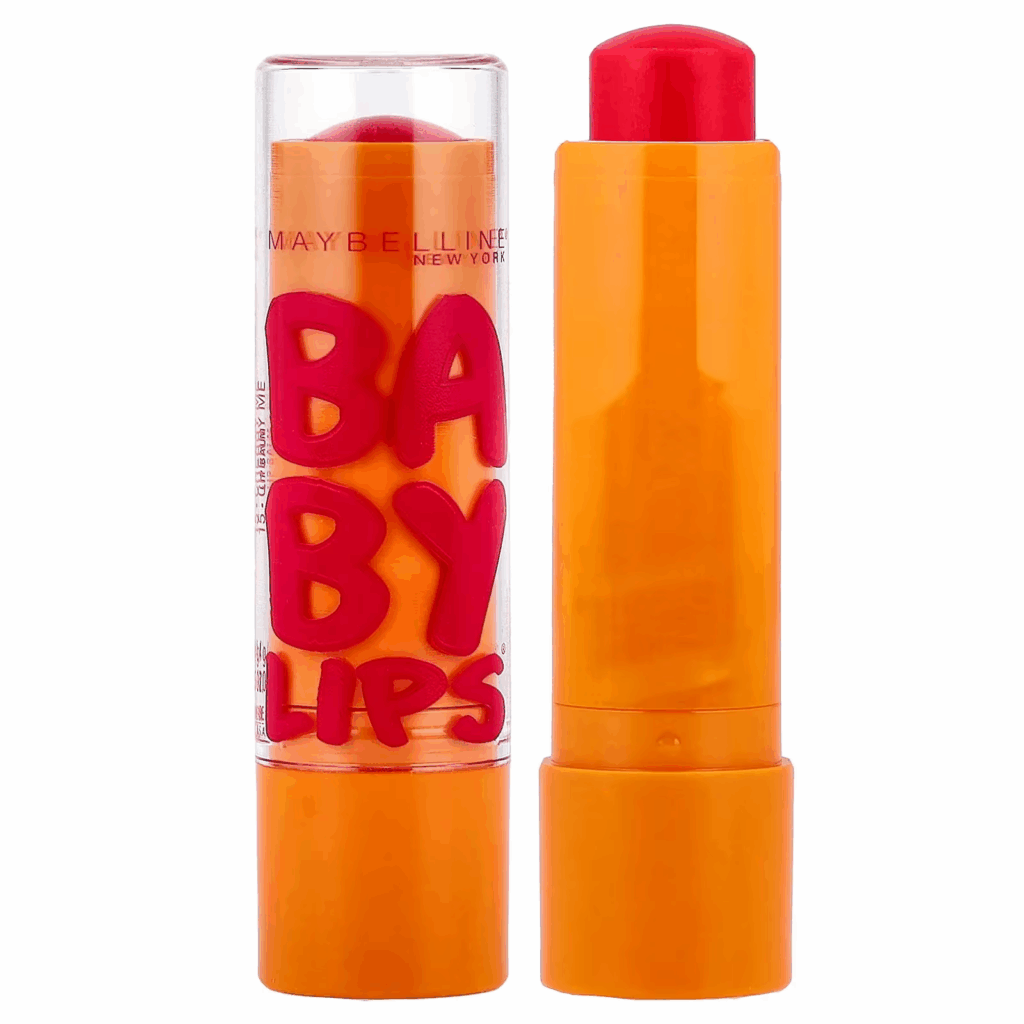 Bright orange tube of Maybelline Baby Lips lip balm with red lettering and clear cap, showing a red-tinted balm stick.