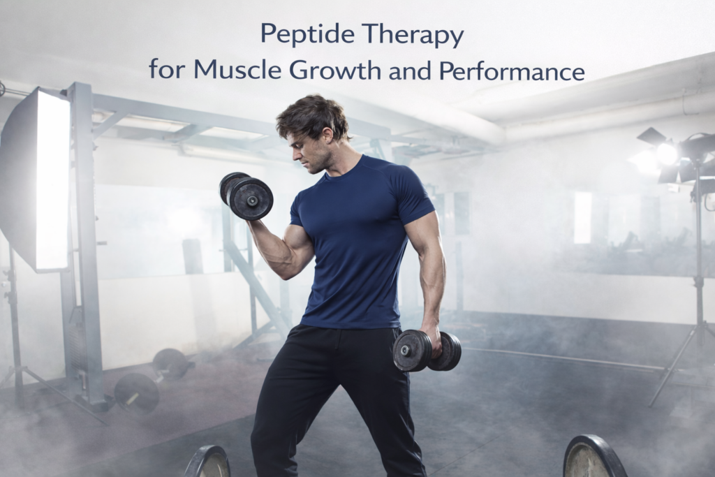 An image of a man and woman lifting dumbbells in a gym, symbolizing the benefits of peptide therapy for muscle growth and performance. Peptides like CJC 1295 and Sermorelin are used to enhance muscle recovery, growth, and overall performance