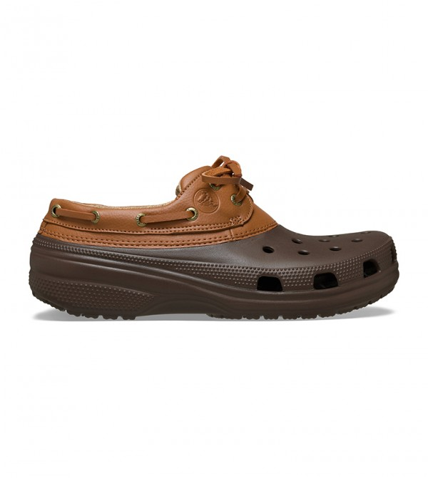 Brown Crocs clog with leather-style upper and laces