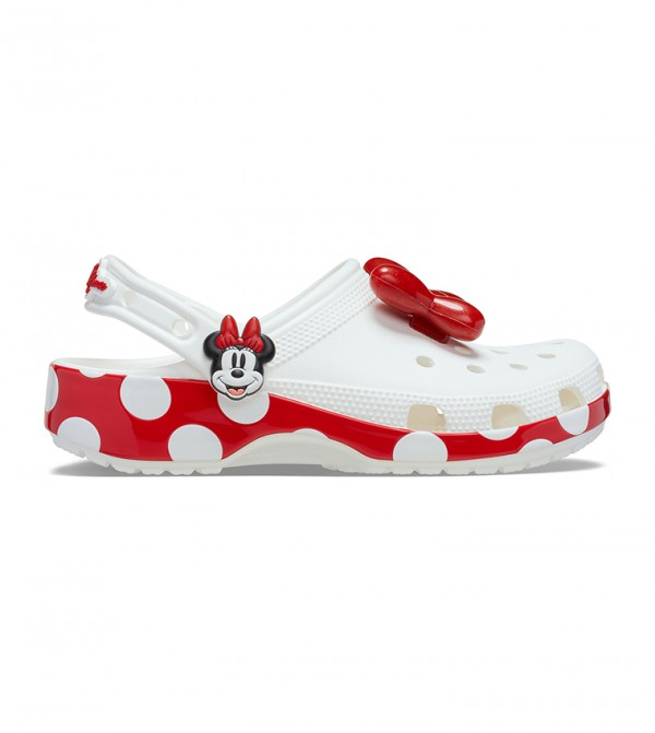 White and red Minnie Mouse Crocs clog with charms