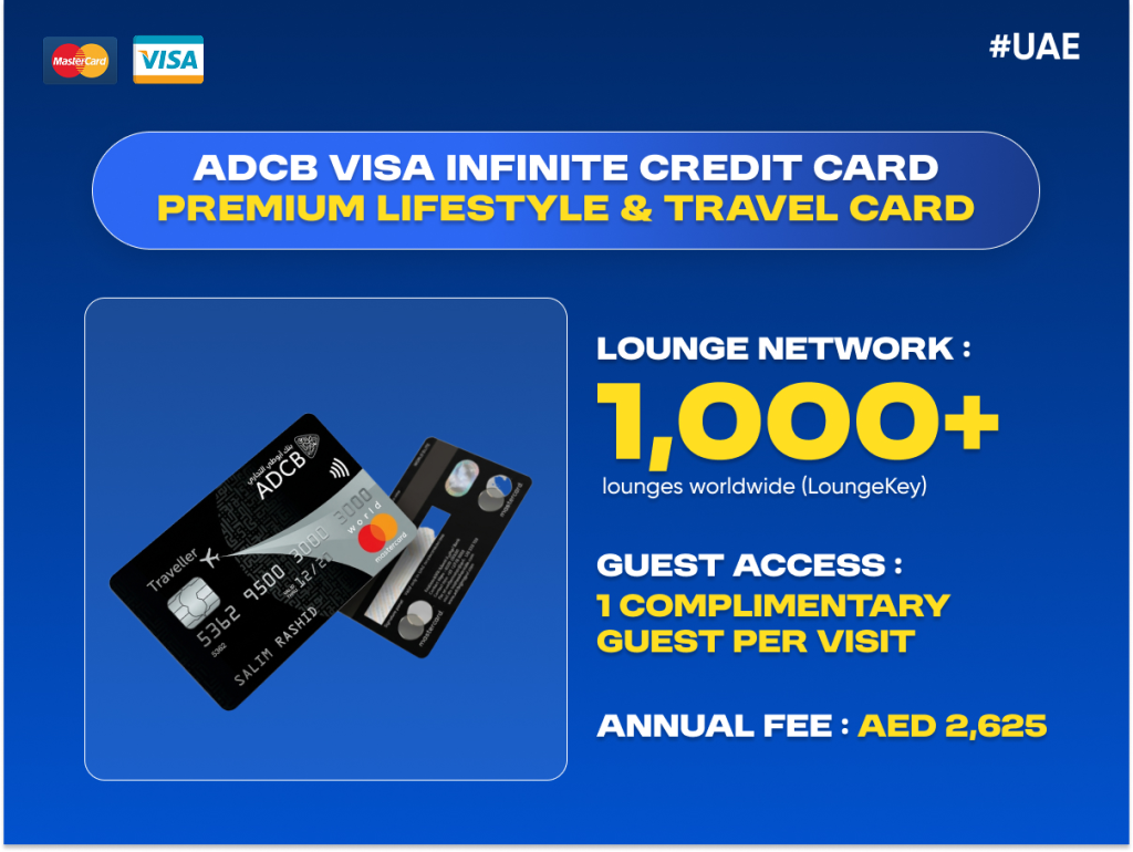 ADCB Visa Infinite Credit Card with premium airport lounge access and complimentary guest benefits in UAE