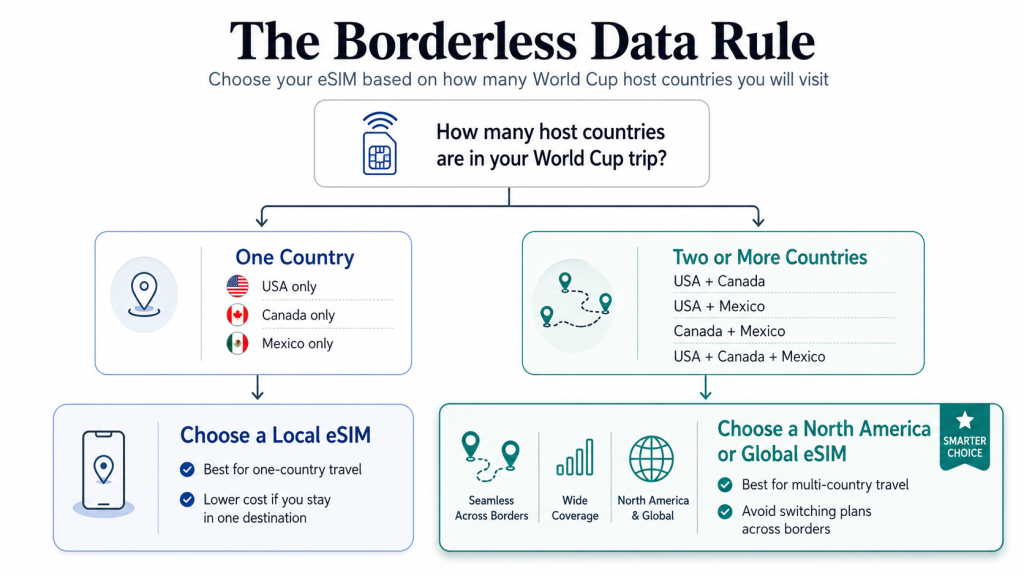 Decision-tree infographic explaining when to choose a local eSIM or global eSIM for multi-country World Cup travel across USA, Canada and Mexico