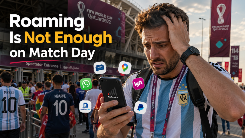 Football fan outside a crowded stadium using phone with weak signal, showing why travellers need an eSIM for travel instead of relying only on roaming