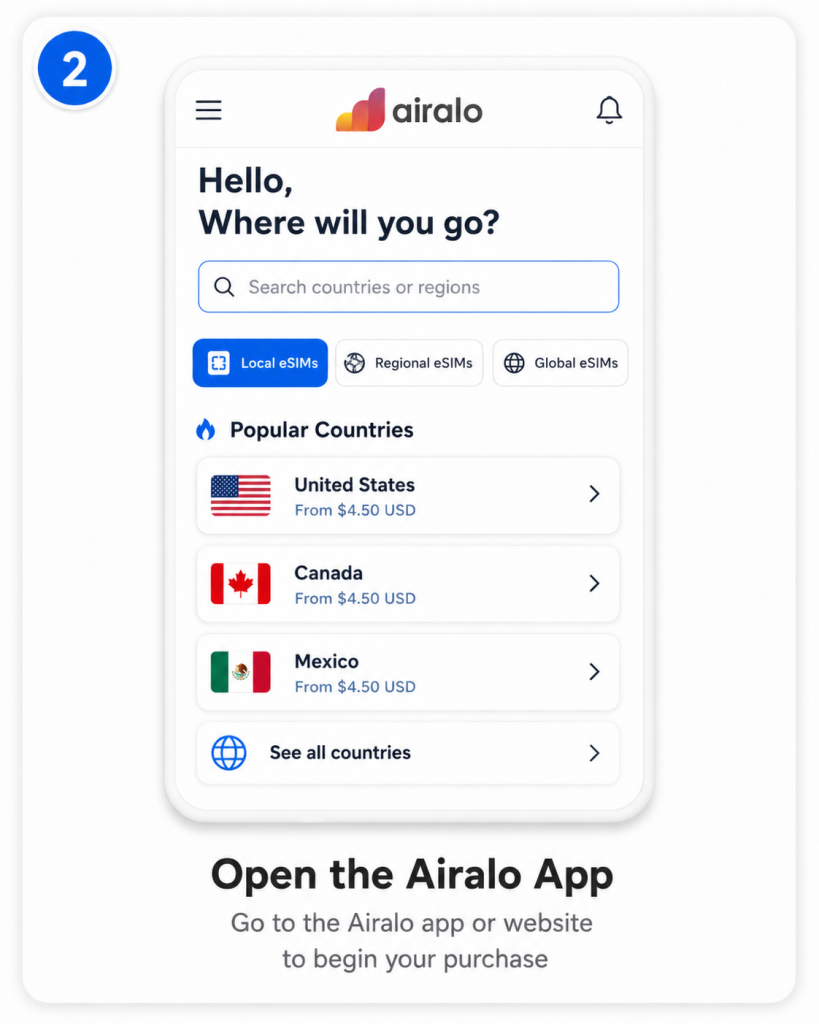 Airalo app screen showing international eSIM options for United States, Canada and Mexico before buying an eSIM data plan for travel