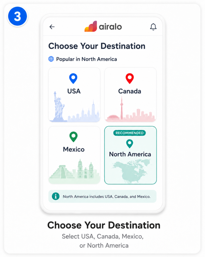 Airalo destination selection screen showing USA, Canada, Mexico and North America eSIM options for international travel