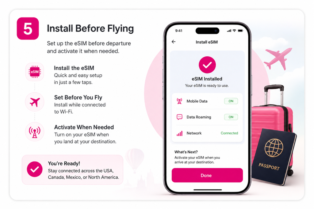 eSIM installation screen showing mobile data ready before flying, helping travellers stay connected with international eSIM roaming