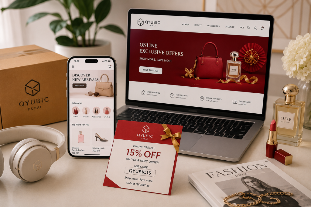 Luxury Dubai mall with red and gold Lunar New Year décor, shopping bags and jewellery gift box for discount in UAE.