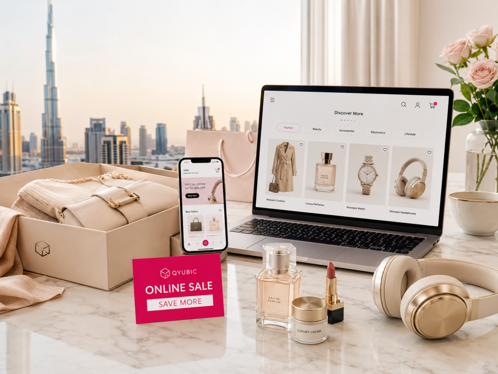 Laptop, mobile shopping app, fashion parcel, beauty products and headphones with QYUBIC offer card for discount in UAE.