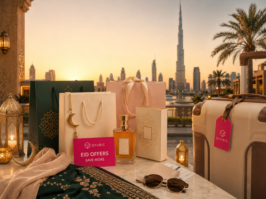 Eid gift bags, perfume, festive fashion fabric, lanterns and travel suitcase with Dubai skyline for discount in UAE.
