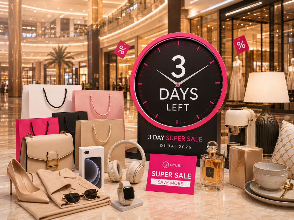 Luxury Dubai mall display with countdown clock, shopping bags, fashion, electronics, perfume and home items for discount in UAE.