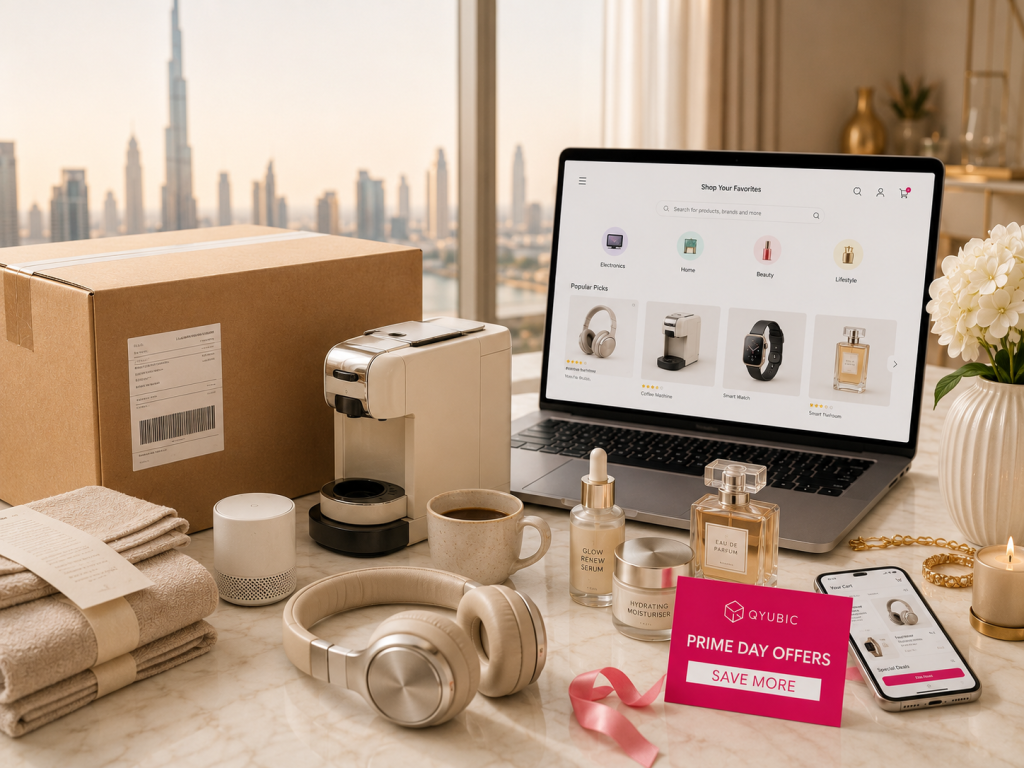 Unbranded delivery box, laptop, headphones, skincare, coffee machine and QYUBIC offer card for discount in UAE.