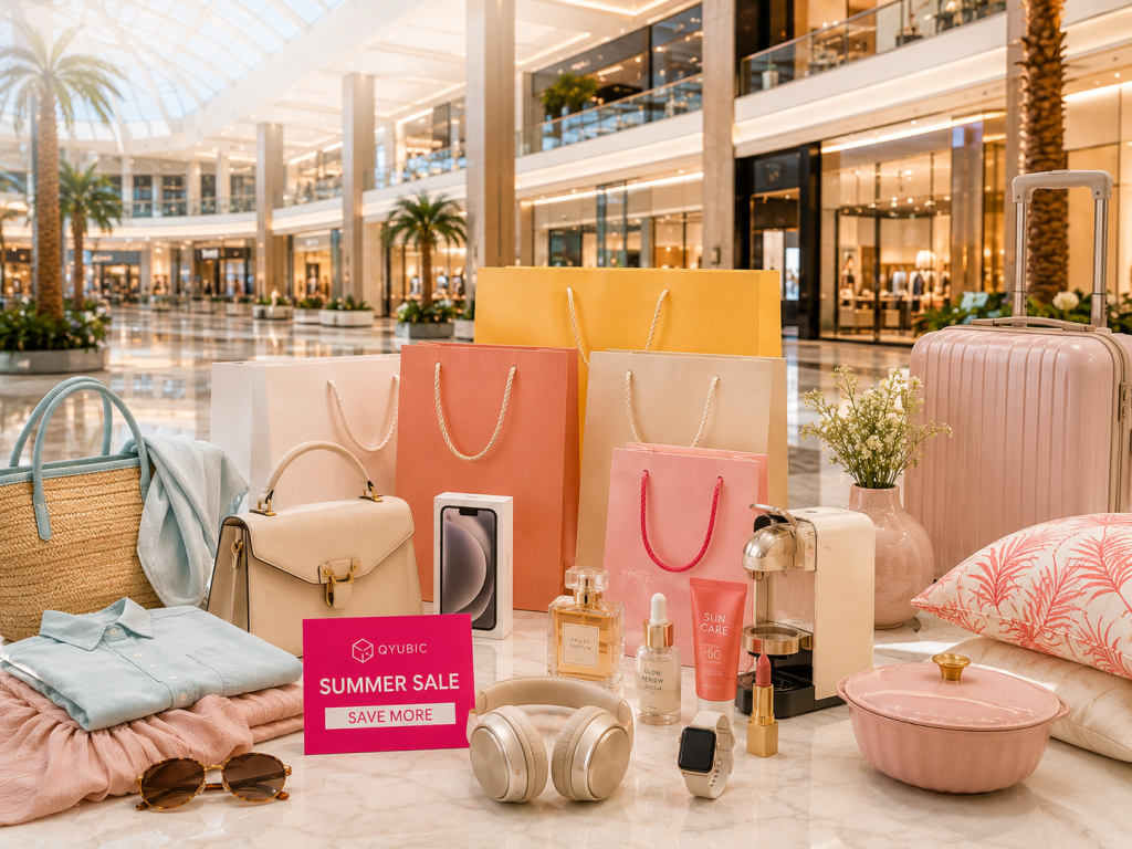 Bright Dubai mall shopping display with colourful bags, summer fashion, beauty products, electronics and travel suitcase for discount in UAE.