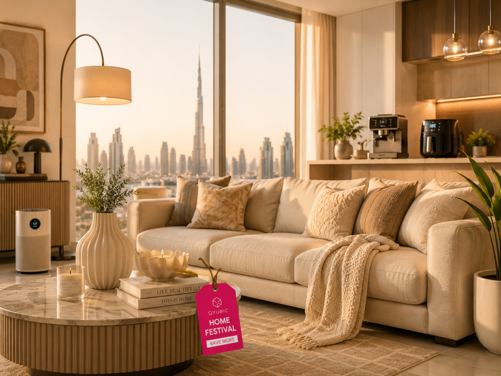 Modern Dubai living room with cream sofa, lamp, coffee machine, décor items and QYUBIC home festival tag for discount in UAE.