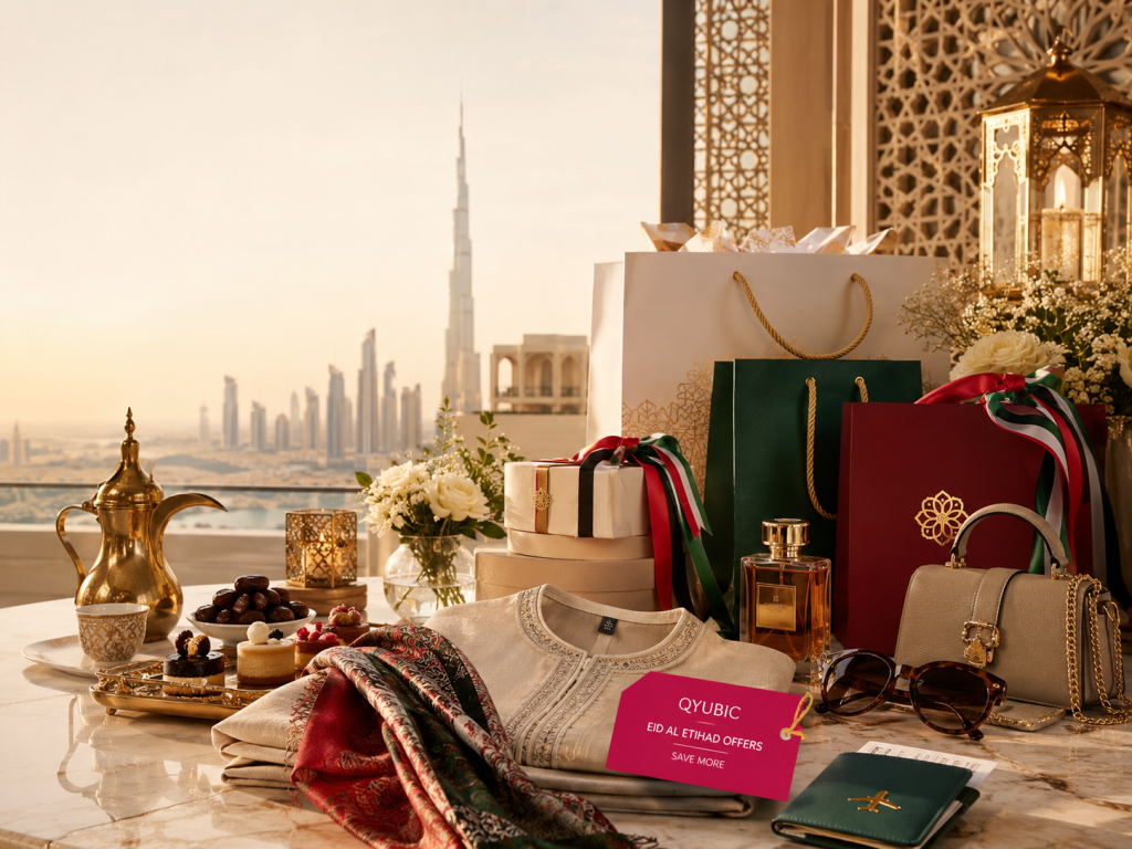 UAE-colour gift bags, festive fashion, perfume, Arabic coffee and sweets with Dubai skyline for discount in UAE.