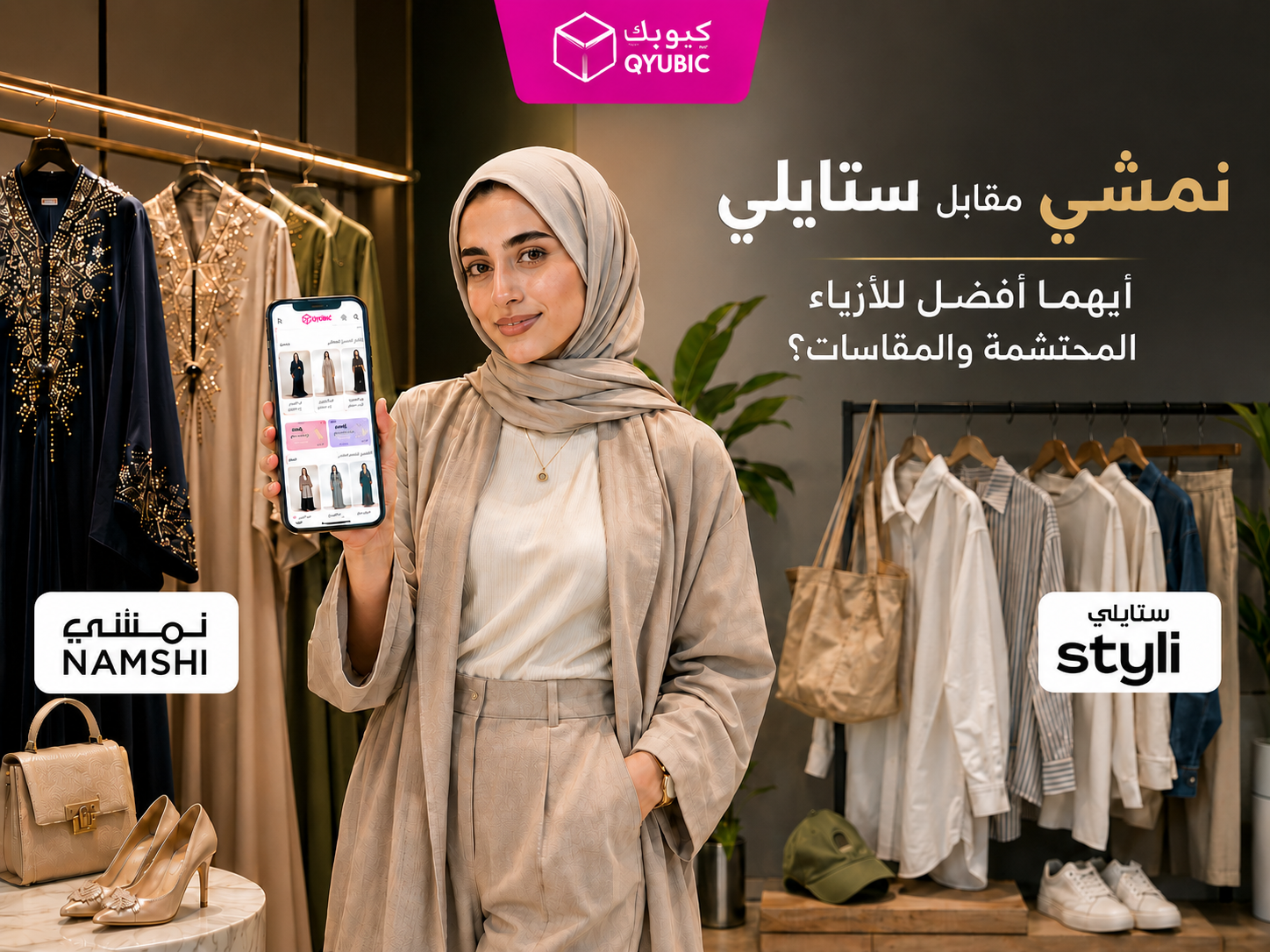كيوبك| مقارنة نمشي وستايلي للأزياء المحتشمة ودقة المقاسات في السعودية مع متسوقة تستعرض الخيارات على الهاتف