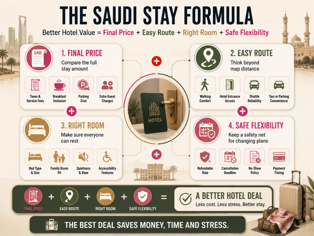 Saudi hotel booking infographic explaining how to compare cheap hotels in Riyadh, Jeddah, Dammam and Khobar using price, route, room fit and flexibility.