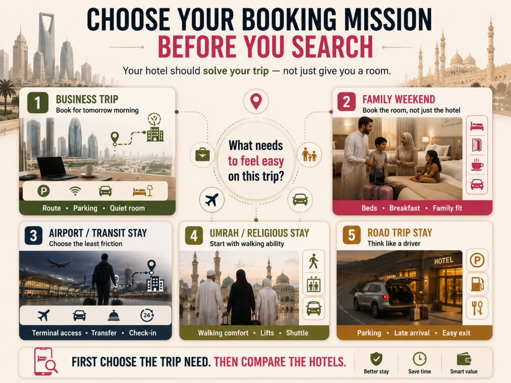 Hotel booking mission guide for business trips, family weekends, airport stays, Umrah visits and road trips when searching for cheap hotels in Saudi Arabia.