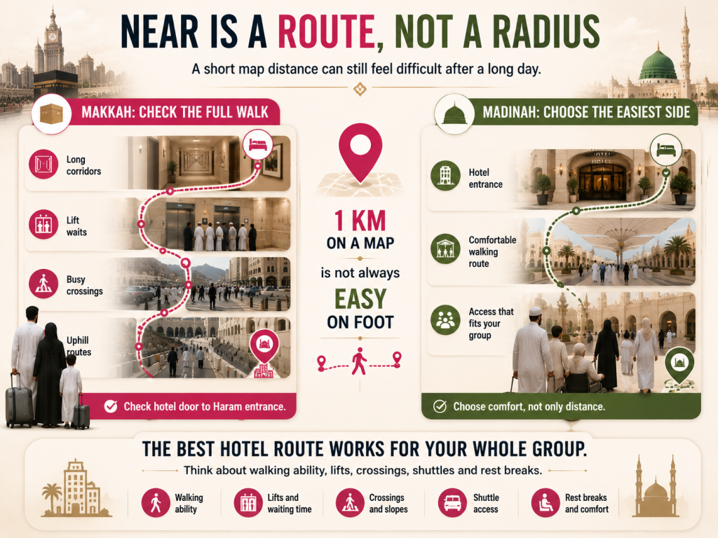 Infographic for cheap hotels in Makkah near Haram and cheap hotels in Madinah near Haram, showing why real walking routes matter more than map distance.