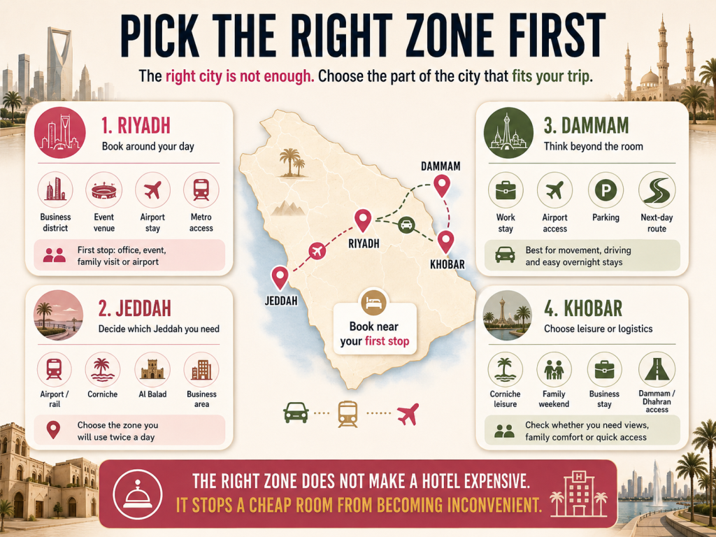 Infographic for **cheap hotels in Riyadh, Jeddah, Dammam and Khobar**, showing how to choose the right city zone based on business, airport access, family stays, parking, Corniche plans and onward travel.
