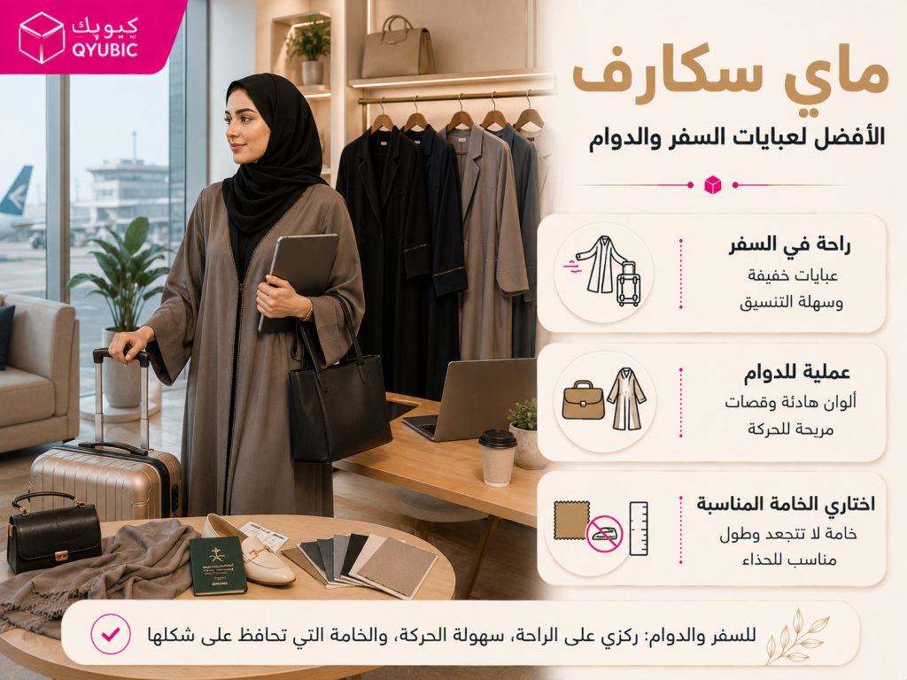 كيوبك | ماي سكارف لعبايات السفر والدوام المريحة بخامات عملية وقصات سهلة الحركة