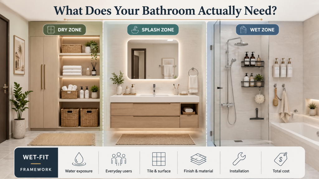 Modern bathroom divided into dry, splash and wet zones showing the WET-FIT framework for choosing bathroom accessories by water exposure, surface, material and installation.
