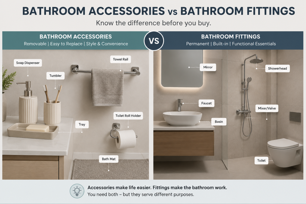 Bathroom accessories vs fittings comparison showing soap dispenser, towel rail, bath mat and toilet roll holder beside faucet, basin, showerhead and toilet.