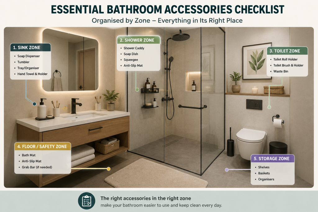 Essential bathroom accessories checklist organised into sink, shower, toilet, floor safety and storage zones in a modern bathroom.
